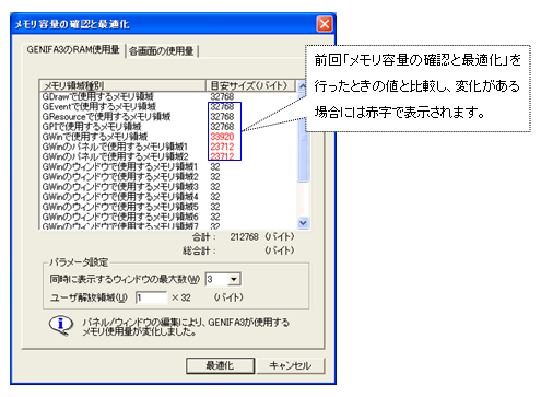 GENIFA3のRAM使用量タブ選択中の表示